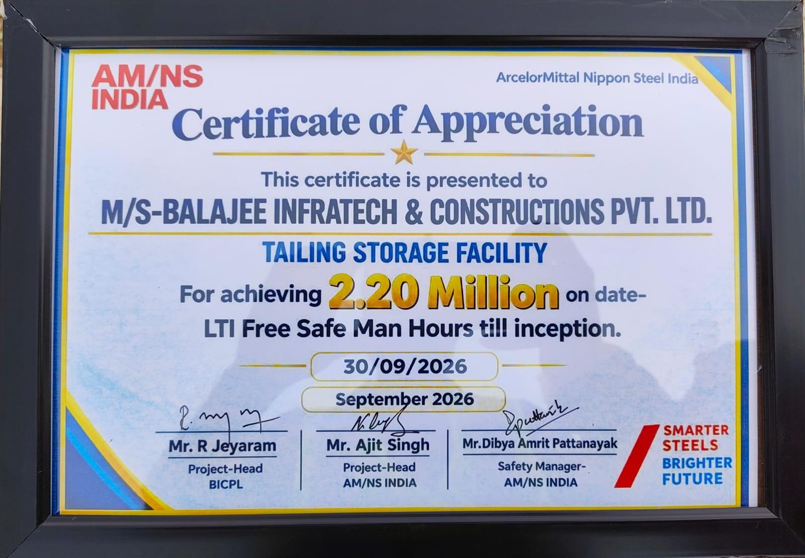 AM/NS India — Certificate of Appreciation
