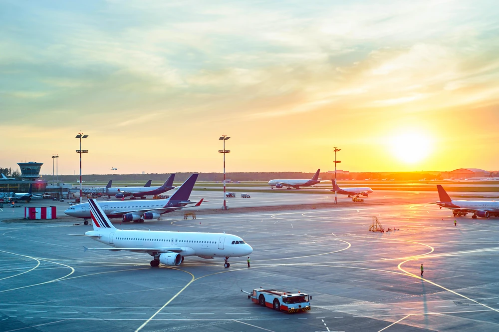 Airport apron at sunset