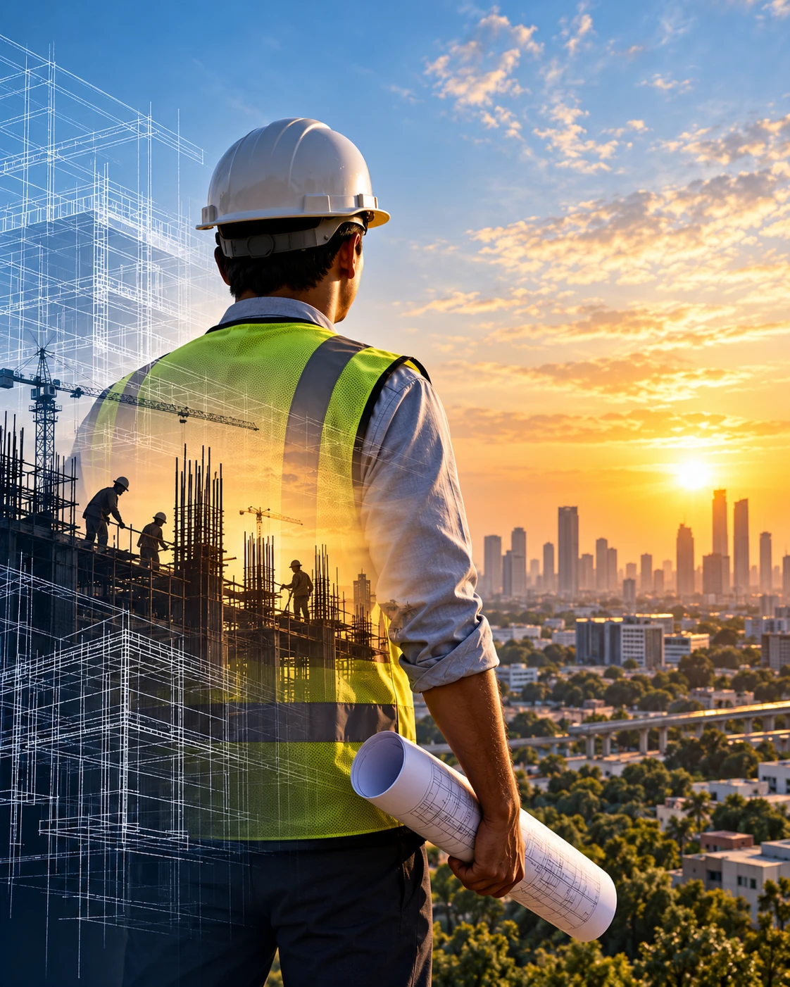 Illustration of a construction engineer, architectural drawings and a city skyline at sunrise