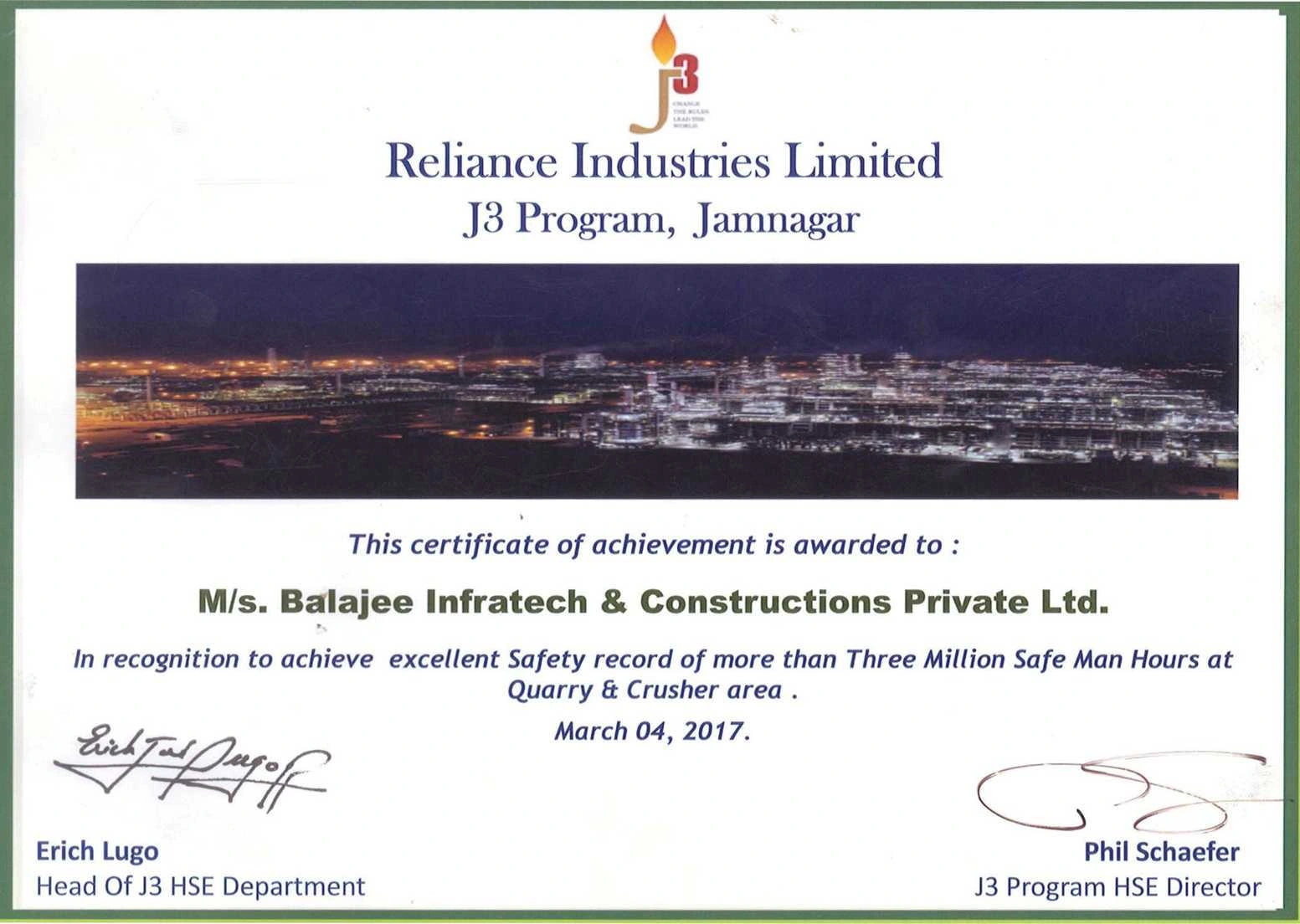 Jamnagar — Safe Working Achievement